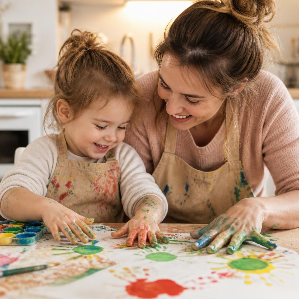 A parent and child doing finger painting together at a kitchen table