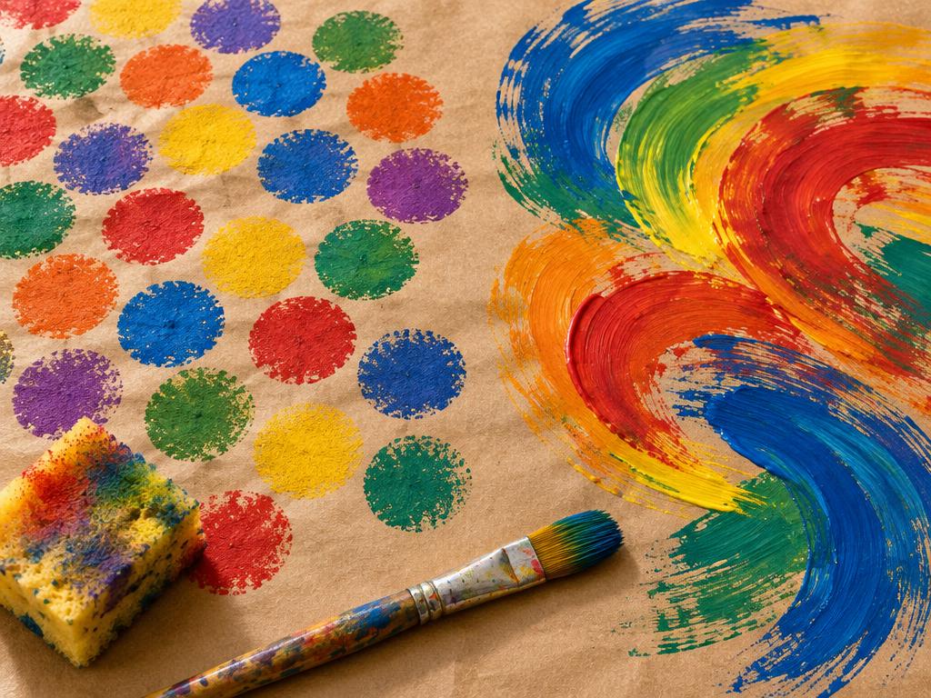 Close-up of neat sponge-printed dots beside big sweeping painted swirls