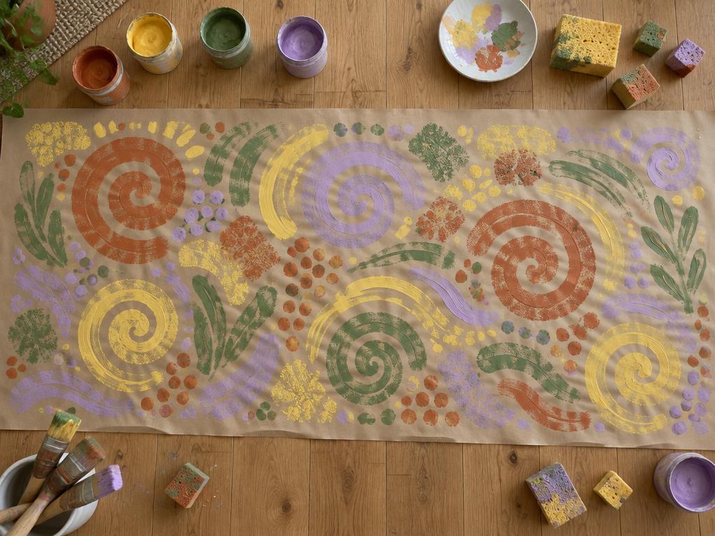 A long sheet of brown paper covered in sponge-printed swirls and dots, with paint pots and sponges around it